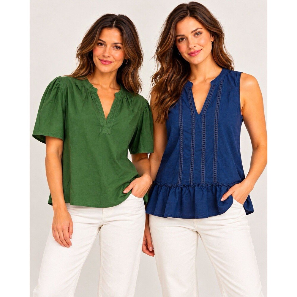 Crown & Ivy L Women Green Blue Cotton Blouse Set of 2 V Neck Ruffle
